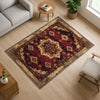 Bohemian-inspired chenille rug with central floral medallion, deep red background, beige and gold accents, washable non-slip backing, perfect for boho and vintage decor.