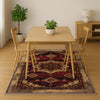 Bohemian-inspired chenille rug with central floral medallion, deep red background, beige and gold accents, washable non-slip backing, perfect for boho and vintage decor.