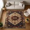 Bohemian Floral Medallion Rug - Washable Chenille Carpet with Oriental Border - Vintage Style Non-Slip Area Rug for Living Room