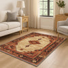 Bohemian geometric medallion rug with oriental border, warm beige and terracotta tones, washable chenille surface, non-slip backing.