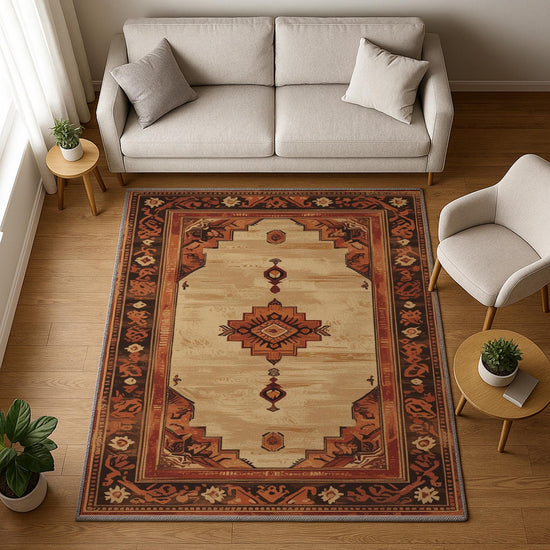 Bohemian geometric medallion rug with oriental border, warm beige and terracotta tones, washable chenille surface, non-slip backing.