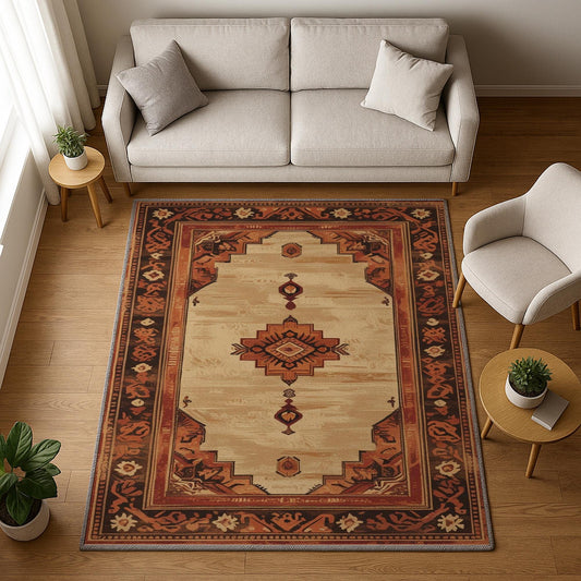 Bohemian geometric medallion rug with oriental border, warm beige and terracotta tones, washable chenille surface, non-slip backing.