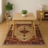 Bohemian geometric medallion rug with oriental border, warm beige and terracotta tones, washable chenille surface, non-slip backing.