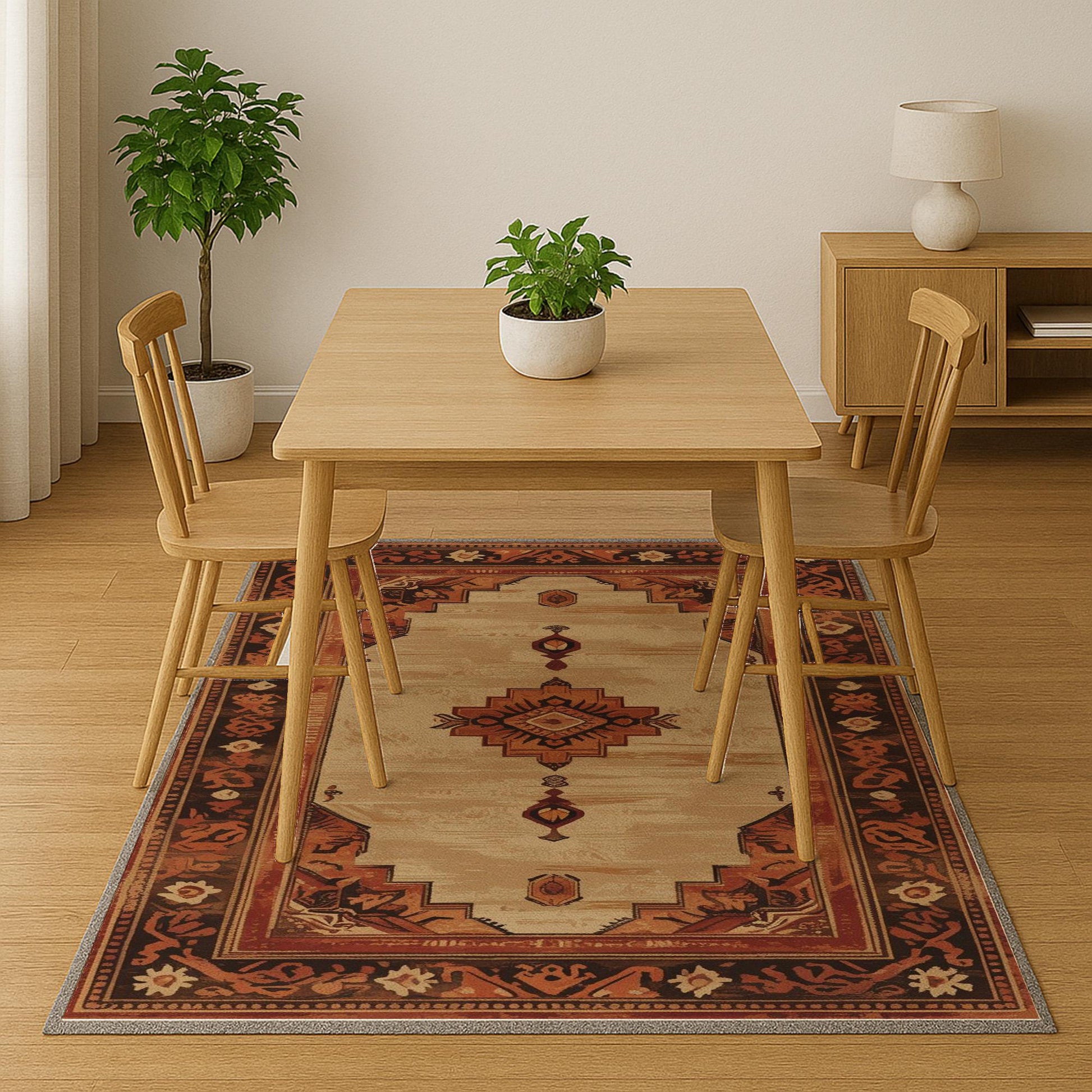Bohemian geometric medallion rug with oriental border, warm beige and terracotta tones, washable chenille surface, non-slip backing.