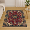 Red oriental medallion rug with floral border, deep crimson background, washable chenille surface, non-slip recycled cotton backing.