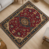 Red oriental medallion rug with floral border, deep crimson background, washable chenille surface, non-slip recycled cotton backing.