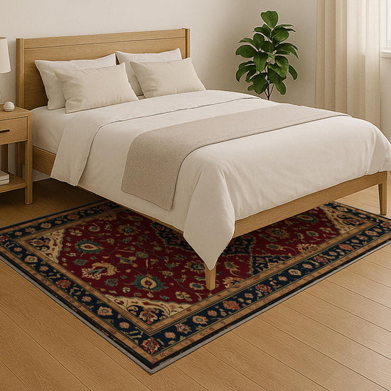 Red oriental medallion rug with floral border, deep crimson background, washable chenille surface, non-slip recycled cotton backing.