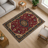 Red oriental medallion rug with floral border, deep crimson background, washable chenille surface, non-slip recycled cotton backing.