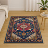 Colorful oriental chenille rug with antique frame border, rich floral motifs in deep blue, red, and gold tones, washable and non-slip backing.