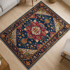 Colorful oriental chenille rug with antique frame border, rich floral motifs in deep blue, red, and gold tones, washable and non-slip backing.