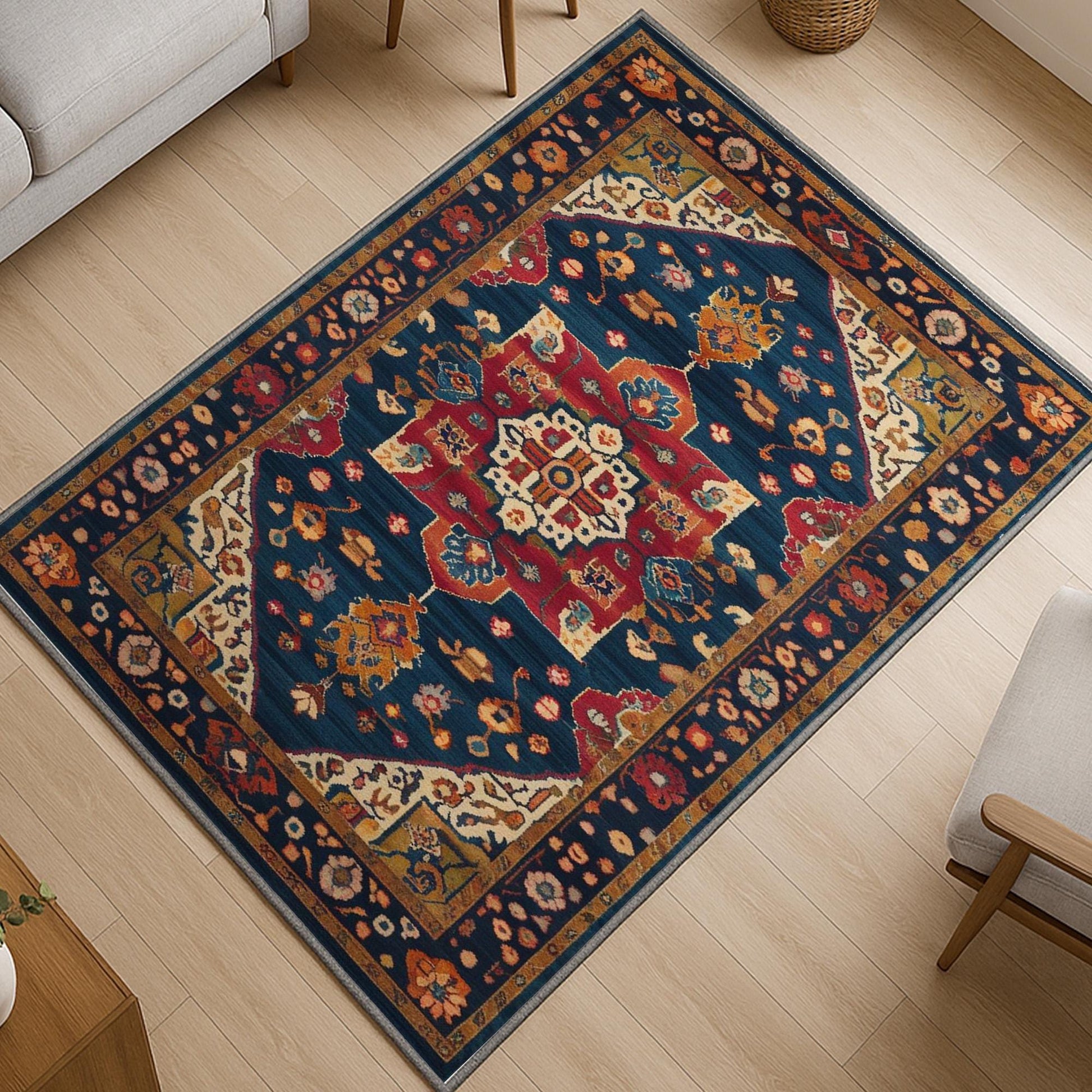 Colorful oriental chenille rug with antique frame border, rich floral motifs in deep blue, red, and gold tones, washable and non-slip backing.
