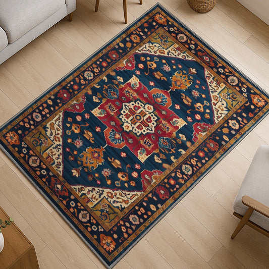 Colorful oriental chenille rug with antique frame border, rich floral motifs in deep blue, red, and gold tones, washable and non-slip backing.