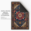 Colorful oriental chenille rug with antique frame border, rich floral motifs in deep blue, red, and gold tones, washable and non-slip backing.