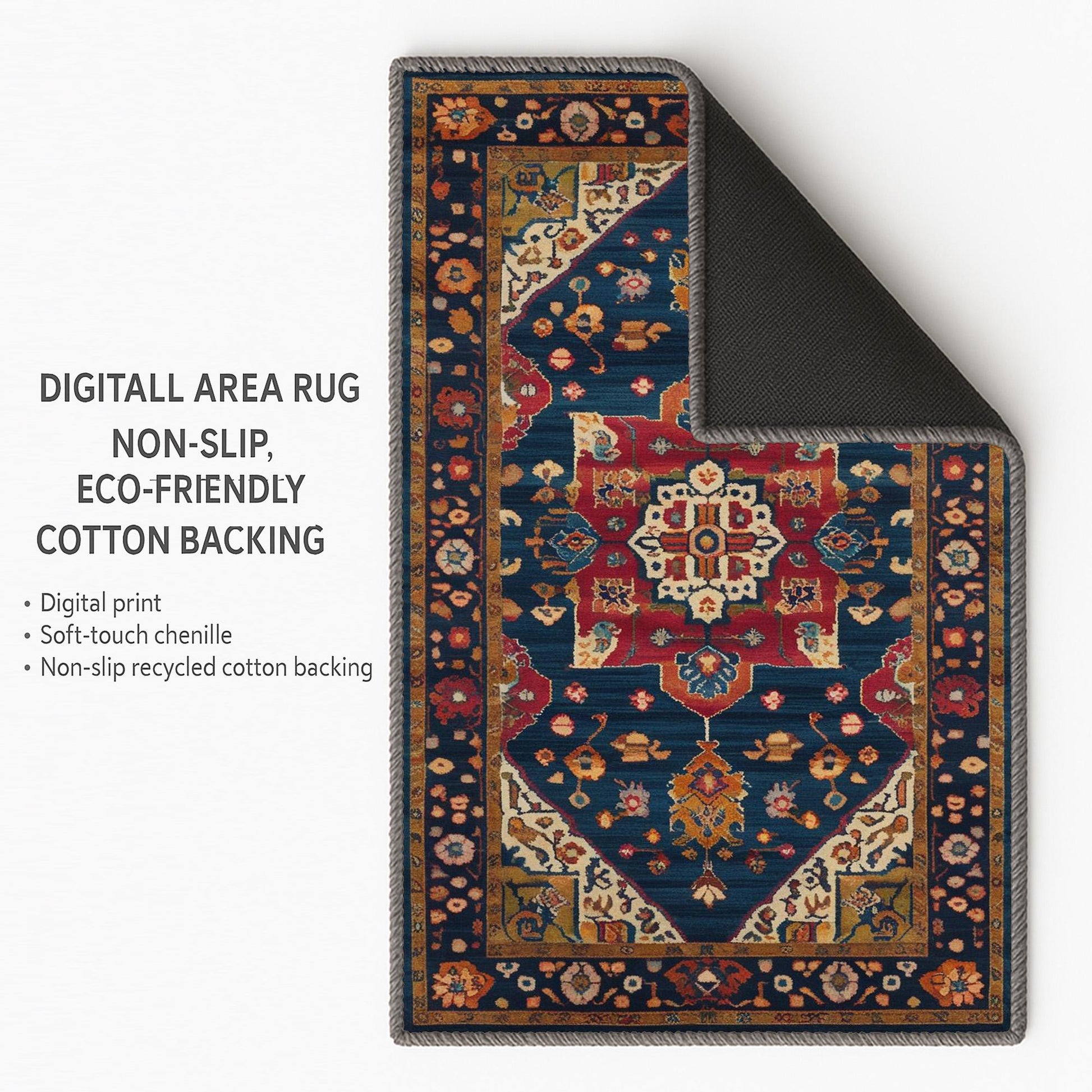 Colorful oriental chenille rug with antique frame border, rich floral motifs in deep blue, red, and gold tones, washable and non-slip backing.