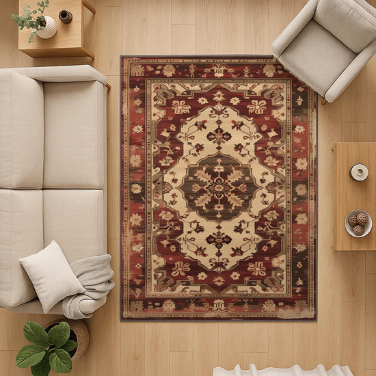 Red and beige oriental vintage rug with antique border and classic medallion design, washable chenille surface, non-slip recycled cotton backing, perfect for living room or dining space.