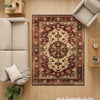 Red and beige oriental vintage rug with antique border and classic medallion design, washable chenille surface, non-slip recycled cotton backing, perfect for living room or dining space.