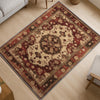 Red and beige oriental vintage rug with antique border and classic medallion design, washable chenille surface, non-slip recycled cotton backing, perfect for living room or dining space.