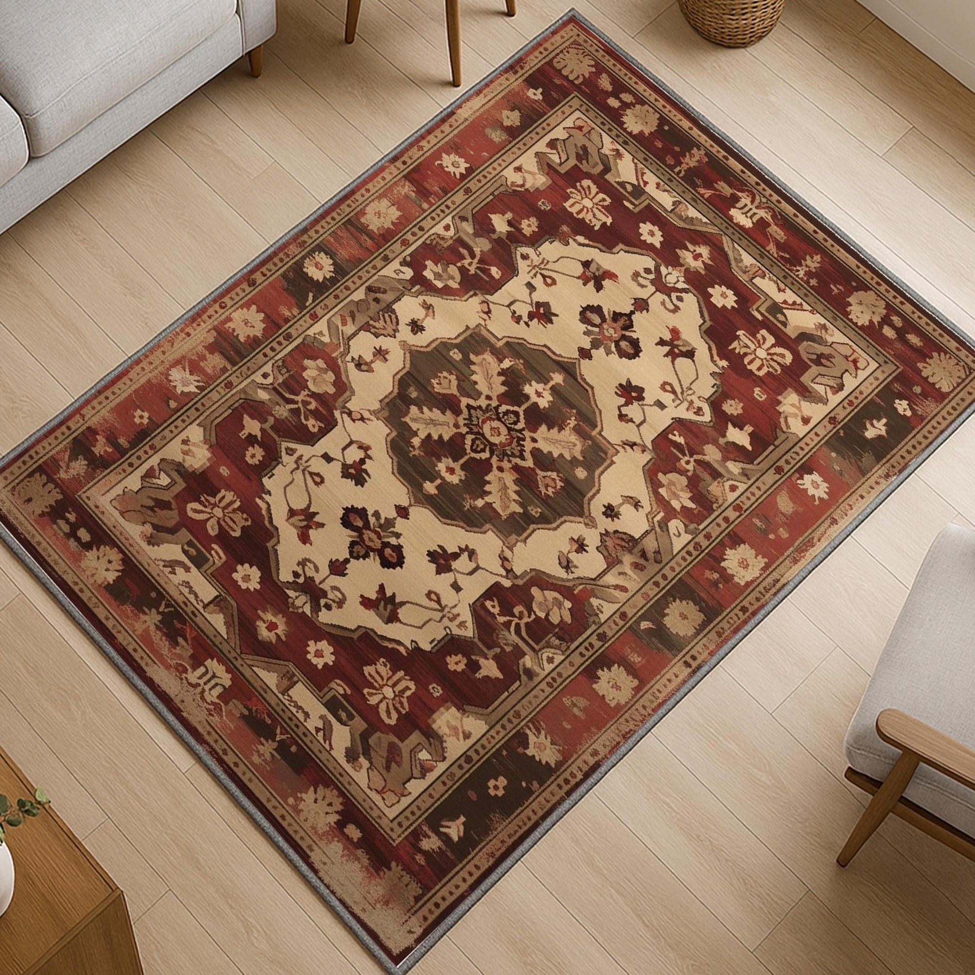 Red and beige oriental vintage rug with antique border and classic medallion design, washable chenille surface, non-slip recycled cotton backing, perfect for living room or dining space.