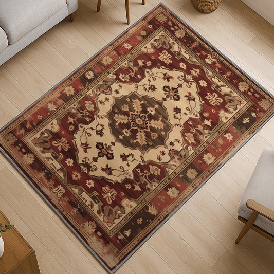 Red and beige oriental vintage rug with antique border and classic medallion design, washable chenille surface, non-slip recycled cotton backing, perfect for living room or dining space.
