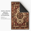 Red and beige oriental vintage rug with antique border and classic medallion design, washable chenille surface, non-slip recycled cotton backing, perfect for living room or dining space.