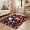 Vibrant floral chenille rug with colorful oriental frame border, washable non-slip backing, perfect for bohemian and vintage living room decor.
