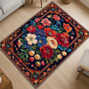 Vibrant floral chenille rug with colorful oriental frame border, washable non-slip backing, perfect for bohemian and vintage living room decor.