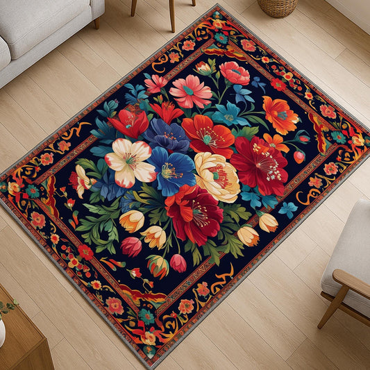 Vibrant floral chenille rug with colorful oriental frame border, washable non-slip backing, perfect for bohemian and vintage living room decor.