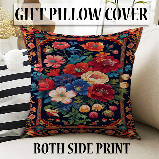 Vibrant floral chenille rug with colorful oriental frame border, washable non-slip backing, perfect for bohemian and vintage living room decor.