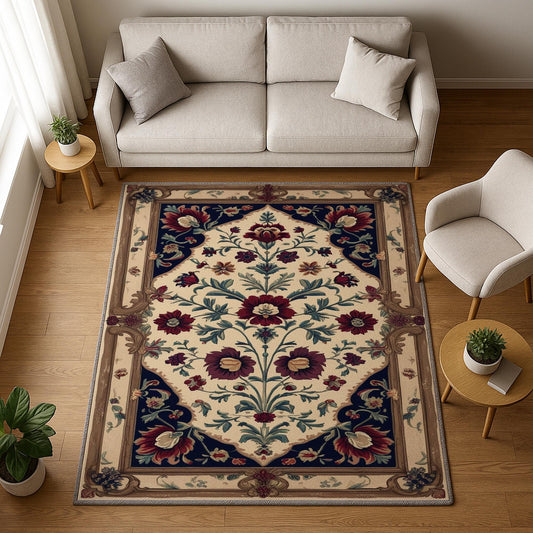 vintage rug, floral carpet, oriental border, victorian style, chenille rug, washable rug, classic decor, living room rug, bedroom carpet, tapestry rug, antique style, red floral rug, elegant carpet