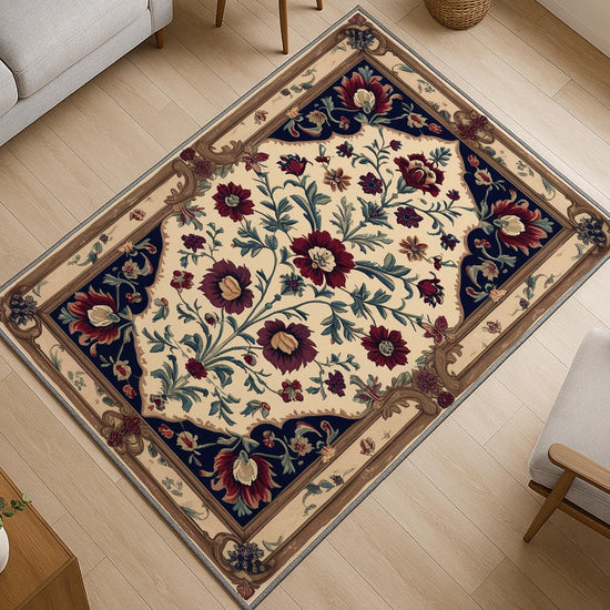 Vintage Floral Rug - Washable Chenille Carpet with Oriental Frame Border - Elegant Victorian Style for Living Room or Bedroom