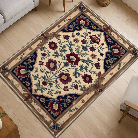 Vintage Floral Rug - Washable Chenille Carpet with Oriental Frame Border - Elegant Victorian Style for Living Room or Bedroom