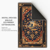 French tapestry style chenille rug featuring a vintage garden scene with trees and flowers, surrounded by a rich oriental border in navy, red, and gold tones. Washable, non-slip, and perfect for Victorian or dark academia interiors.