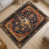 French tapestry style chenille rug featuring a vintage garden scene with trees and flowers, surrounded by a rich oriental border in navy, red, and gold tones. Washable, non-slip, and perfect for Victorian or dark academia interiors.