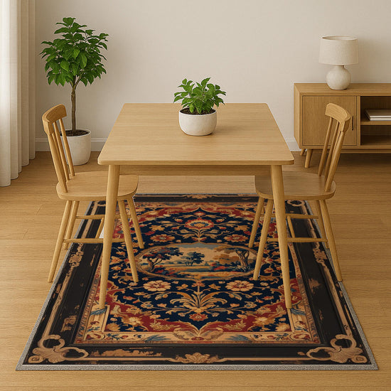 French tapestry style chenille rug featuring a vintage garden scene with trees and flowers, surrounded by a rich oriental border in navy, red, and gold tones. Washable, non-slip, and perfect for Victorian or dark academia interiors.