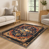 French tapestry style chenille rug featuring a vintage garden scene with trees and flowers, surrounded by a rich oriental border in navy, red, and gold tones. Washable, non-slip, and perfect for Victorian or dark academia interiors.