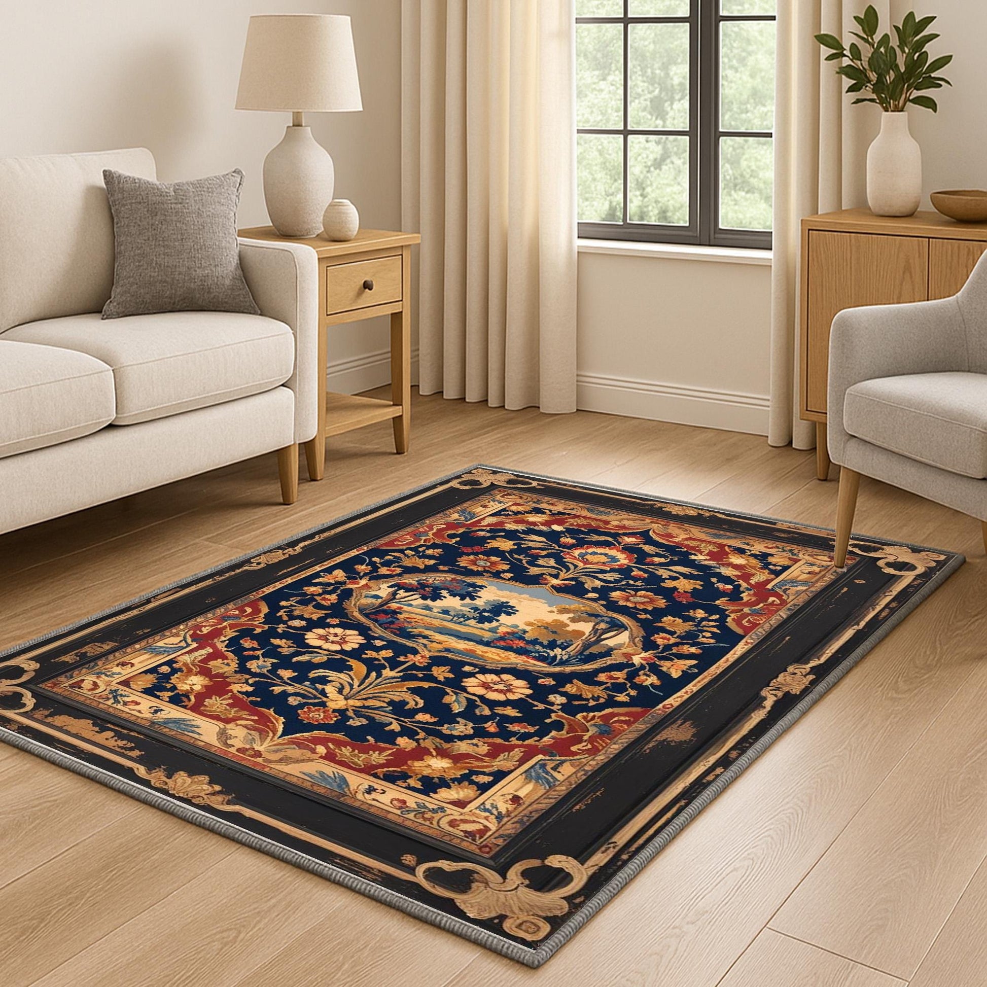 French tapestry style chenille rug featuring a vintage garden scene with trees and flowers, surrounded by a rich oriental border in navy, red, and gold tones. Washable, non-slip, and perfect for Victorian or dark academia interiors.