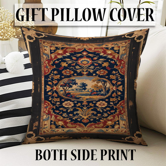 French tapestry style chenille rug featuring a vintage garden scene with trees and flowers, surrounded by a rich oriental border in navy, red, and gold tones. Washable, non-slip, and perfect for Victorian or dark academia interiors.