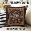 French tapestry style chenille rug featuring a vintage garden scene with trees and flowers, surrounded by a rich oriental border in navy, red, and gold tones. Washable, non-slip, and perfect for Victorian or dark academia interiors.