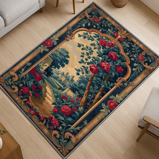 French Victorian chenille rug with ornate floral and grapevine design, antique-style border, washable non-slip backing, perfect for vintage home decor.