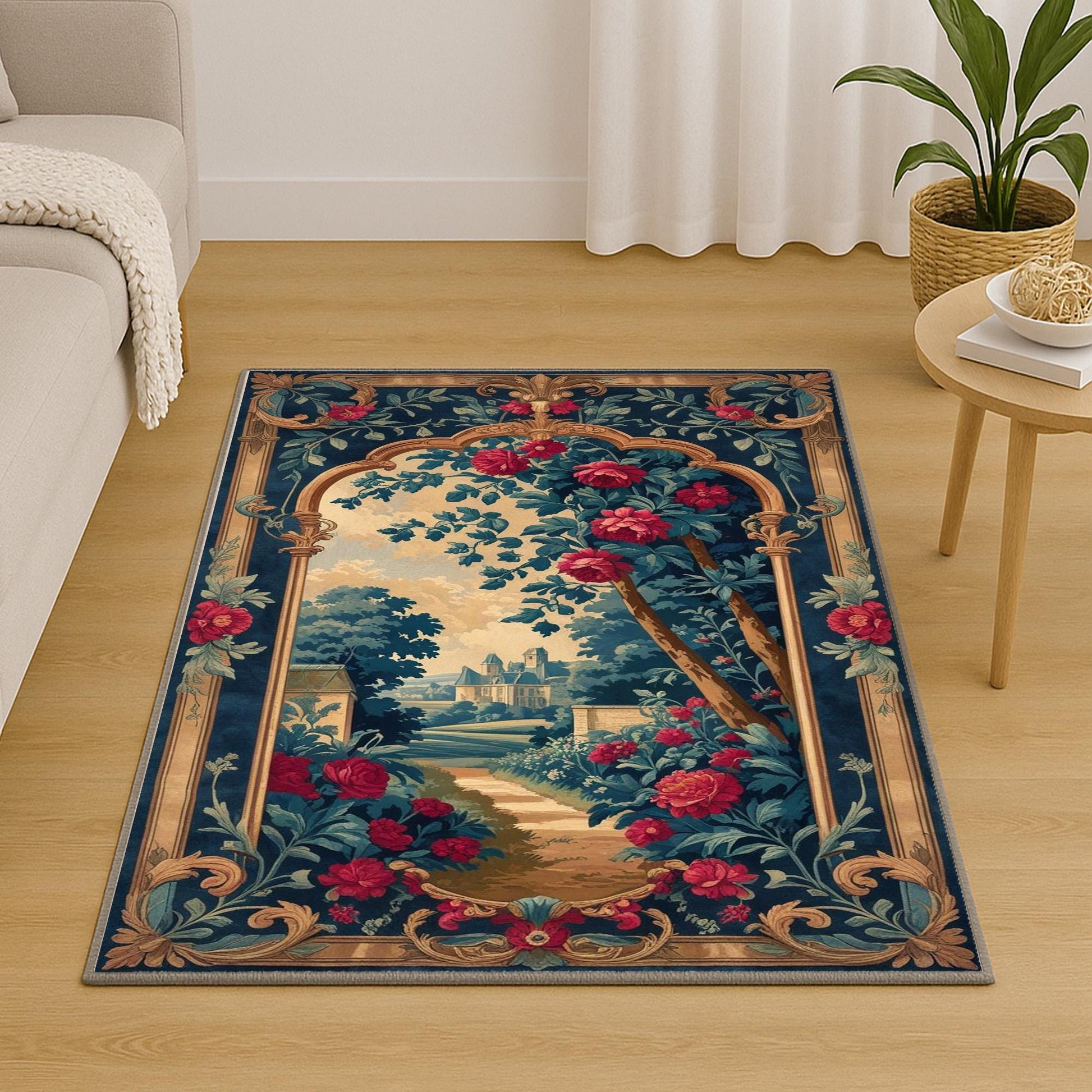 French Victorian chenille rug with ornate floral and grapevine design, antique-style border, washable non-slip backing, perfect for vintage home decor.