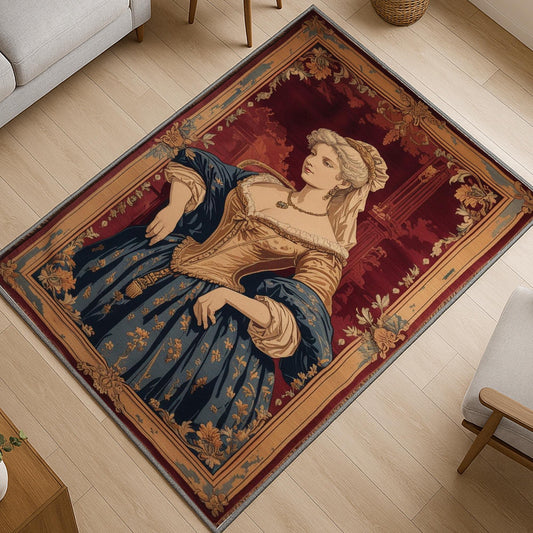 victorian rug, french tapestry, lady portrait, antique carpet, chenille rug, oriental border, classic decor, vintage rug, washable rug, european art, noble lady, elegant carpet, wall hanging
