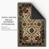 Victorian-style chenille rug with deep blue and red floral tapestry design, antique oriental border, washable and non-slip backing.