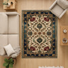Victorian-style chenille rug with deep blue and red floral tapestry design, antique oriental border, washable and non-slip backing.