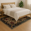 Victorian-style chenille rug with deep blue and red floral tapestry design, antique oriental border, washable and non-slip backing.