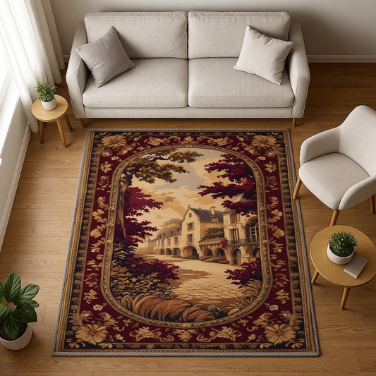 French Victorian tapestry rug with an antique floral border, depicting a charming old-town street scene in warm burgundy, gold, and cream tones.