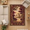 French Victorian tapestry rug with an antique floral border, depicting a charming old-town street scene in warm burgundy, gold, and cream tones.