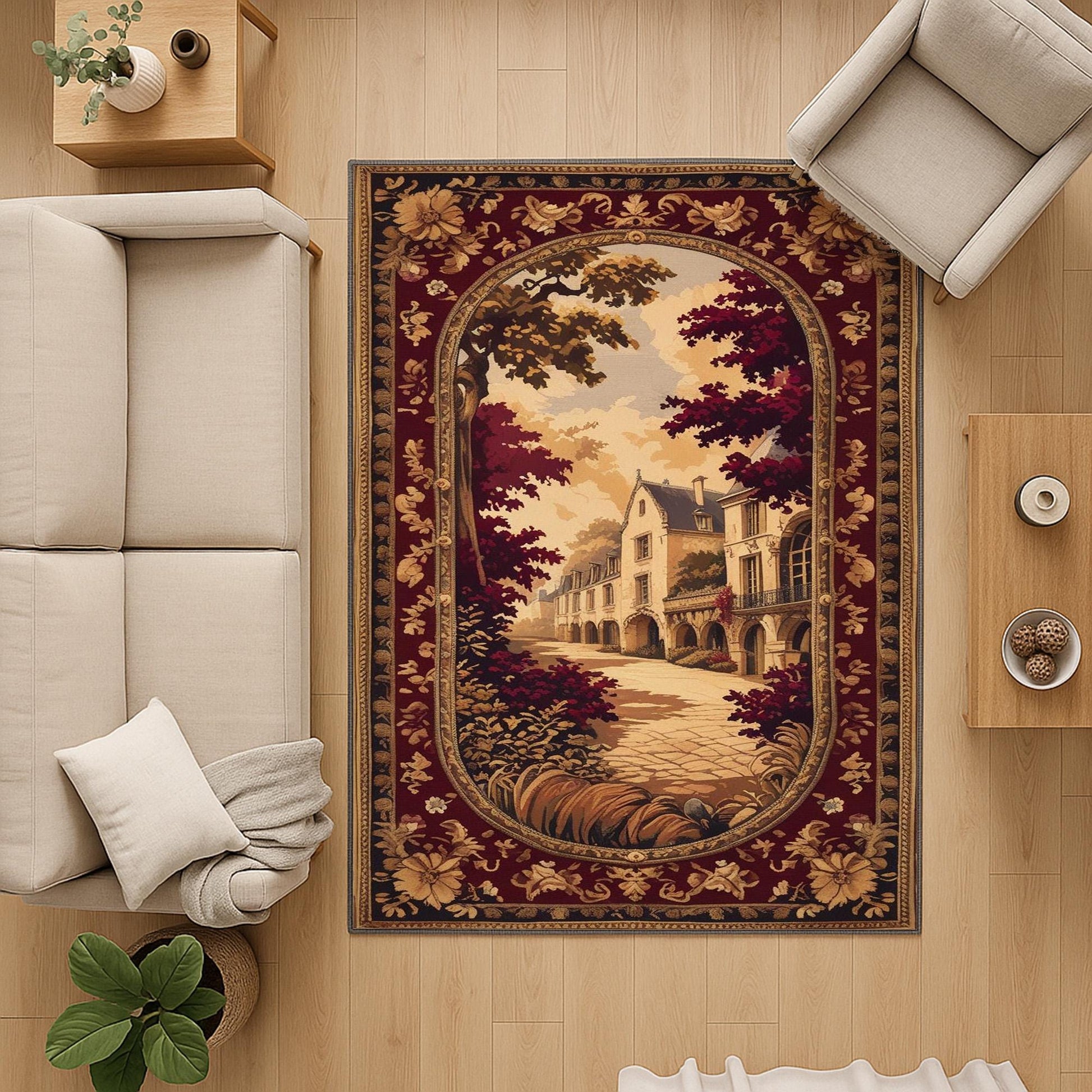 French Victorian tapestry rug with an antique floral border, depicting a charming old-town street scene in warm burgundy, gold, and cream tones.