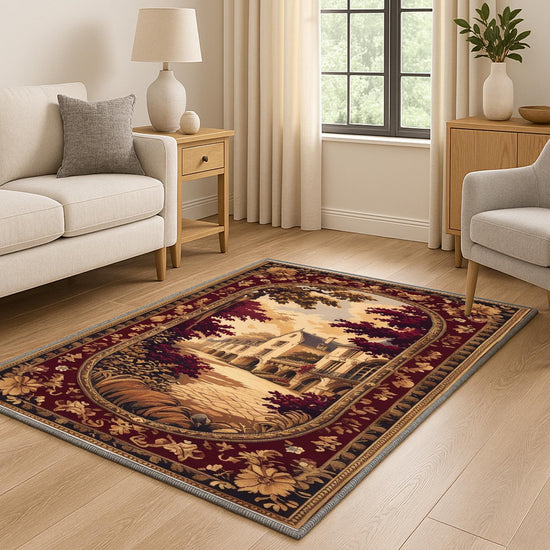 French Victorian tapestry rug with an antique floral border, depicting a charming old-town street scene in warm burgundy, gold, and cream tones.