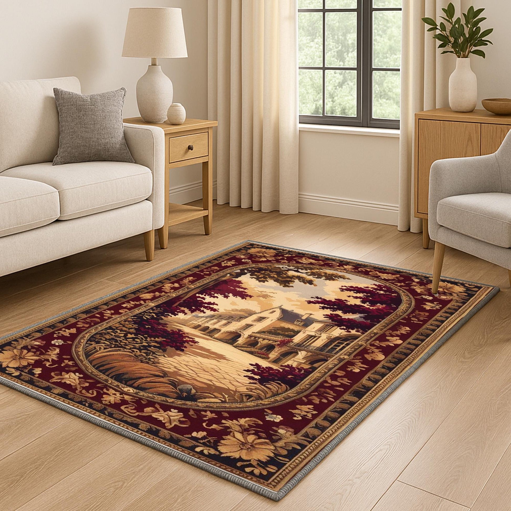 French Victorian tapestry rug with an antique floral border, depicting a charming old-town street scene in warm burgundy, gold, and cream tones.
