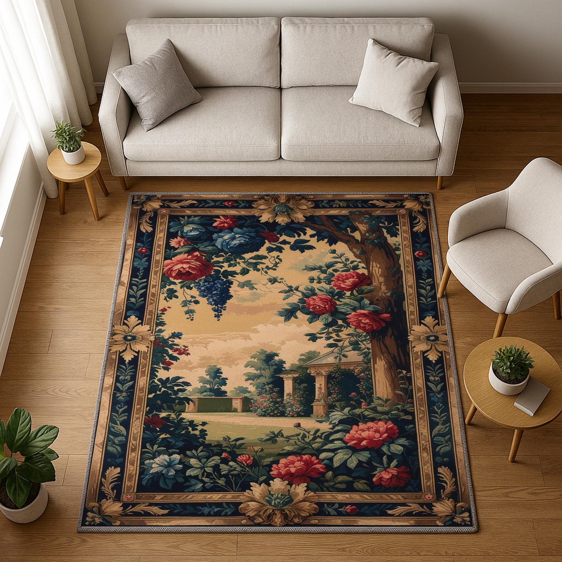 French Victorian chenille tapestry rug with ornate oriental frame, red and blue florals, grape clusters, and a romantic garden scene.